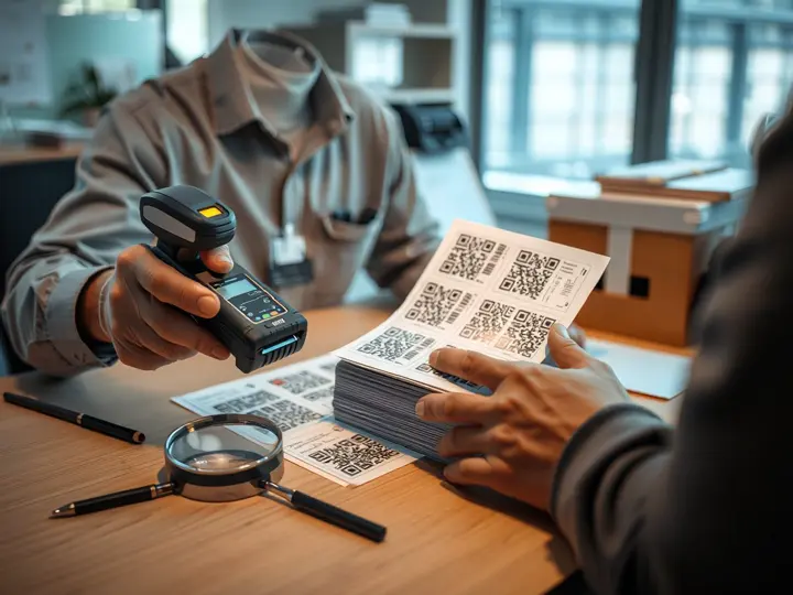 质检人员正在扫描标签上的二维码，检查可读性